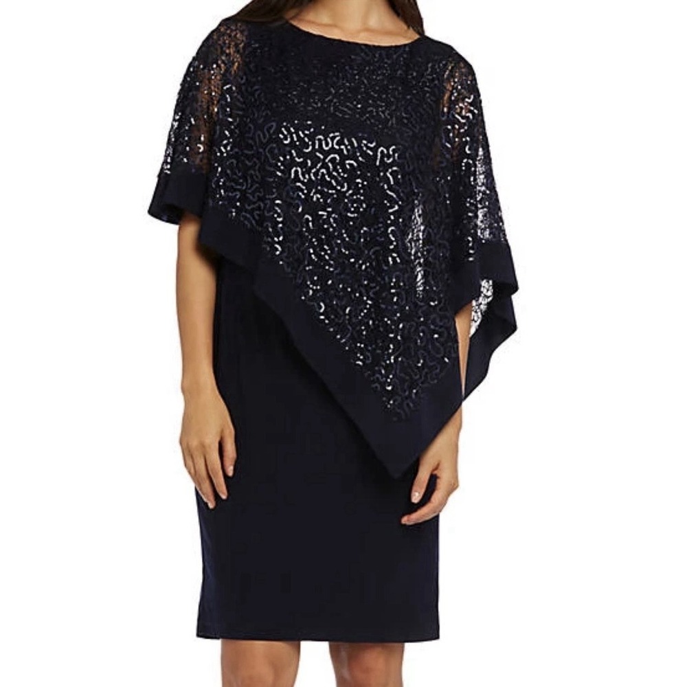 R&M Richards Black Sequined Poncho Dress Women's Size 4P Petite Cocktail NWT